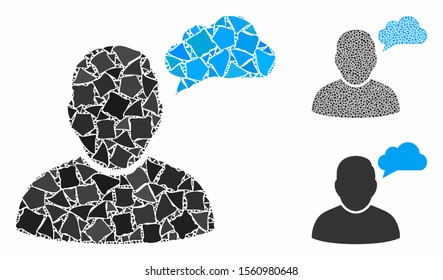 User thinking cloud mosaic of bumpy elements in various sizes and color tints, based on user thinking cloud icon. Vector humpy elements are united into collage.