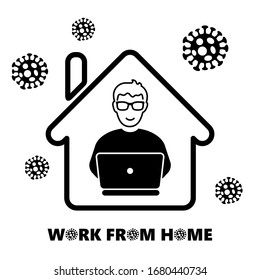 User with tie working on laptop from home while coronavirus pandemic outbreak COVID-19, concept illustration of person isolation at home with personal computer