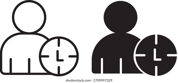 Icono de tiempo de usuario en símbolo lineal, Plantilla de logotipo de icono de tiempo de usuario, Administración de programación personal, Ilustración vectorial de icono de tiempo de usuario, persona con iconos de reloj,

