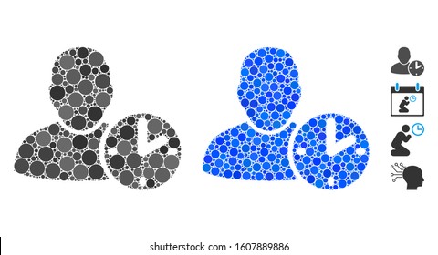 User time mosaic of spheric dots in different sizes and color tinges, based on user time icon. Vector dots are organized into blue composition. Dotted user time icon in usual and blue versions.