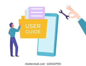 User tiny character smartphone guide, technical support hand hold wrench to help male customer flat vector illustration, isolated on white.