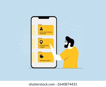 User tracking alert, cross-app tracking, IP geolocation logging. User tracking cookies, personal data surveillance and privacy risk warning. Digital privacy with smartphone monitoring illustration