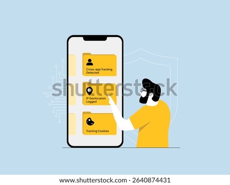 User tracking alert, cross-app tracking, IP geolocation logging. User tracking cookies, personal data surveillance and privacy risk warning. Digital privacy with smartphone monitoring illustration