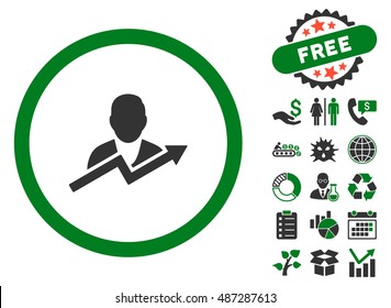 User Trend icon with free bonus symbols. Vector illustration style is flat iconic bicolor symbols, green and gray colors, white background.