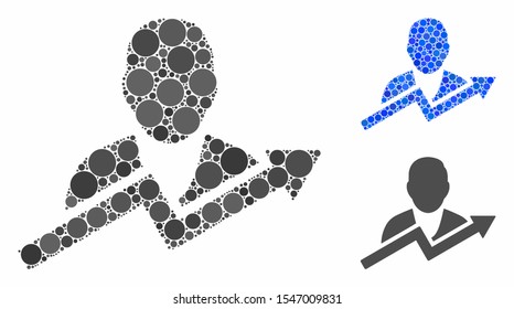User trend mosaic of filled circles in different sizes and color tones, based on user trend icon. Vector filled circles are combined into blue illustration.