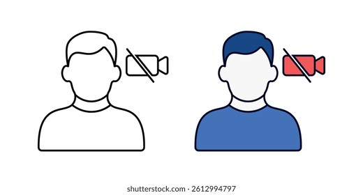 User turning off camera icon. Person with video off symbol, ideal for video call status, privacy mode, or offline presence. Includes outline and color versions.