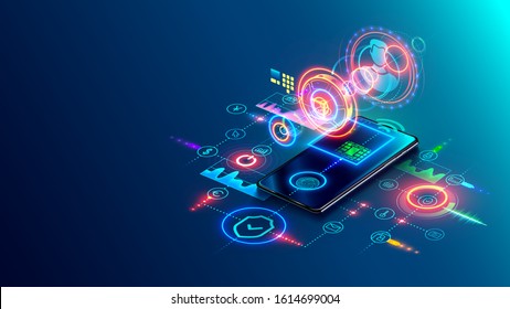 User two-factor authentication technology via mobile phone. Identification human in online bank for internet payments or access confidential information. Fintech isometric concept. Digital safety.