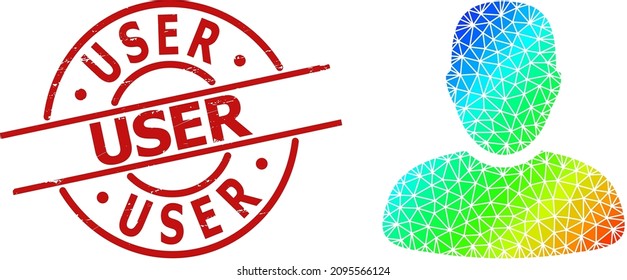 USER unclean stamp seal and low-poly rainbow colored user icon with gradient. Red seal contains USER tag inside round and lines template. Triangulated user polygonal symbol illustration.