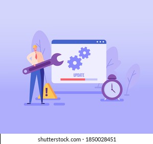 User updating operation system with progress bar. Software upgrade and installation program. Concept of system update, integration, software installation. Vector illustration for UI, mobile app