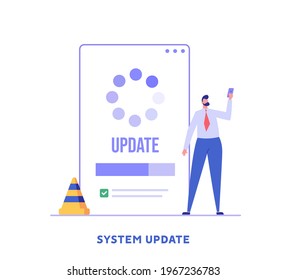 User updating operation system with progress bar. Software upgrade and installation program. Concept of system update, integration, software installation. Vector illustration for UI, mobile app