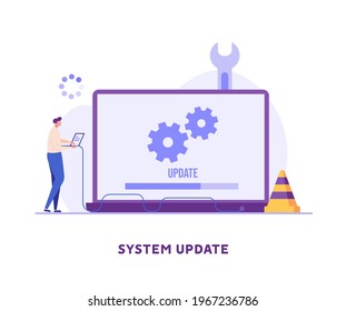 User updating operation system with progress bar. Software upgrade and installation program. Concept of system update, integration, software installation. Vector illustration for UI, mobile app