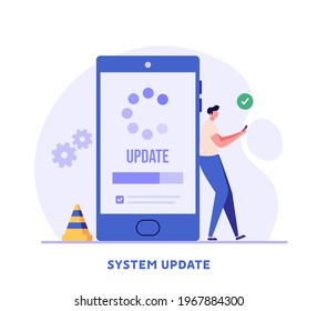 Sistema de operación de actualización de usuario con barra de progreso. Programa de instalación y actualización de software. Concepto de actualización del sistema, integración, instalación de software. Ilustración vectorial para UI, aplicación móvil