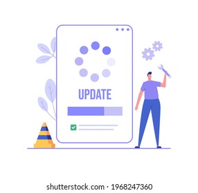 User updating operation system with progress bar. Software upgrade and installation program. Concept of system update, integration, software installation. Vector illustration for UI, mobile app