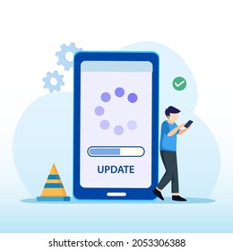 Sistema de operación de actualización de usuario con barra de progreso. Programa de instalación y actualización de software. Concepto de actualización del sistema, instalación de software. Estilo de plantilla vectorial plana adecuado para la página de aterrizaje web.