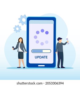Sistema de operación de actualización de usuario con barra de progreso. Programa de instalación y actualización de software. Concepto de actualización del sistema, instalación de software. Estilo de plantilla vectorial plana adecuado para la página de aterrizaje web.