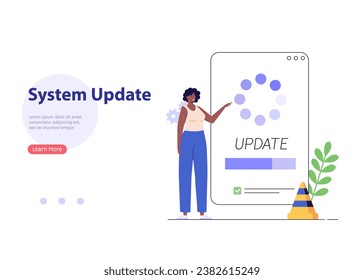User updating operation system with progress bar. Software upgrade and installation program. Concept of system update, integration, software installation. Vector illustration for UI, mobile app