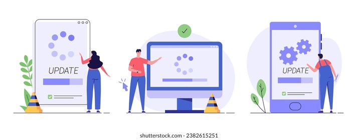 User updating operation system with progress bar. Software upgrade and installation program. Set of system update, integration, software installation. Vector illustration for UI, mobile app