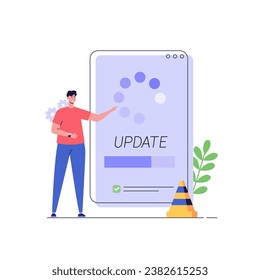 User updating operation system with progress bar. Software upgrade and installation program. Concept of system update, integration, software installation. Vector illustration for UI, mobile app