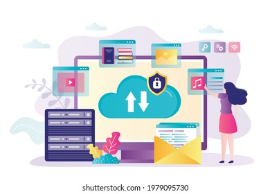 User uploads and downloads content from storage. Female character transfers information to database. Cute woman storing data on cloud server. Cloud computing services. Flat vector illustration