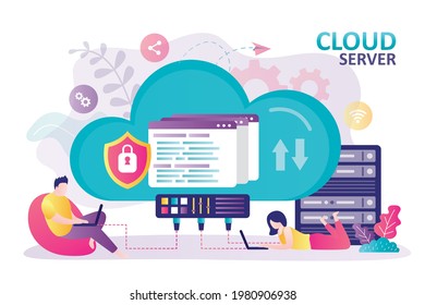 User uploads and downloads content from storage. Female character transfers information to database. Cute woman storing data on cloud server. Cloud computing services. Flat vector illustration