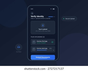 O usuário carrega a licença do driver para verificar a identidade em um aplicativo móvel. O processo envolve recursos seguros de upload e gerenciamento de arquivos.