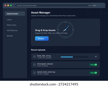 O usuário carrega arquivos para componentes de face de relógio mecânico usando o gerenciador de ativos on-line. A interface mostra o andamento do carregamento e os carregamentos recentes.