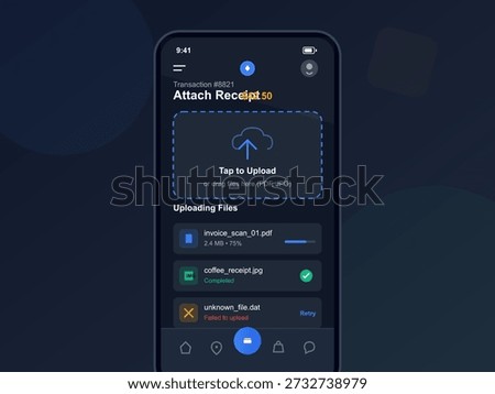 User uploads files to a mobile app designed for attaching receipts and invoices to transactions. The interface shows different file types being processed.