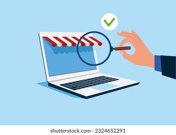El usuario utiliza una lupa para ver el mercado de operaciones. Análisis de negocio o análisis de mercado. Ilustración vectorial plana