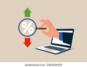 Der Benutzer verwendet eine Lupe, um das Symbol innerhalb, nach oben und unten anzuzeigen. Unternehmensanalyse oder Marktanalyse. Flache Vektorgrafik