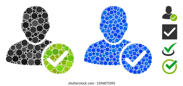 User valid mosaic of circle elements in various sizes and shades, based on user valid icon. Vector circle elements are composed into blue mosaic. Dotted user valid icon in usual and blue versions.