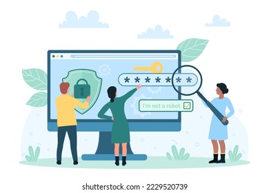 User verification after registration or authorization vector illustration. Cartoon tiny people looking through magnifying glass at computer display to verify access, holding safe shield with lock