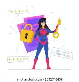 User verification metaphor flat design style vector illustration. Keep your password safe banner element. Smiling woman in hero outfit holding key cartoon character. Cybersecurity, security measure