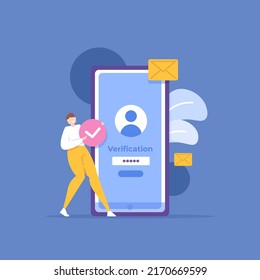 user verification, security system, authorization code. a man receives an OTP code or one time password to identify himself and for protection. user checking and safe. concept illustration design