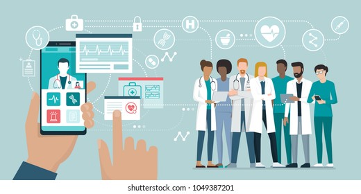 User video calling a doctor using and healthcare app on his smartphone and professional medical team connected: online medical consultation concept