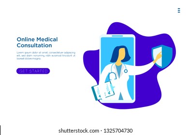 User video calling a doctor using and healthcare app on his smartphone and professional medical team connected: online medical consultation concept