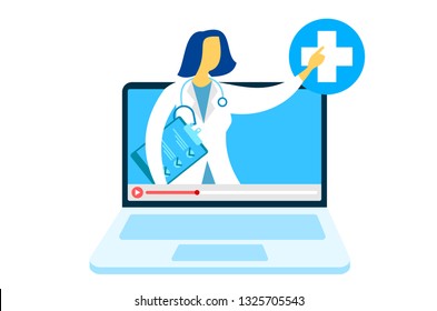 User video calling a doctor using and healthcare app website on his laptop and professional medical team connected: online medical consultation concept