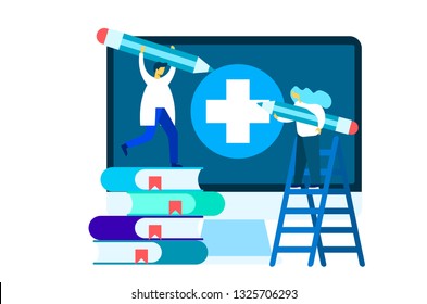 User video calling a doctor using and healthcare app on his computer web site and professional medical team connected: online medical consultation concept. medical online curse