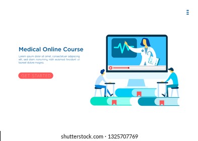 User video calling a doctor using and healthcare app on his computer web site and professional medical team connected: online medical consultation concept