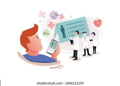 Video de usuario llamando a un doctor usando una aplicación de salud en su smartphone y equipo médico profesional conectado