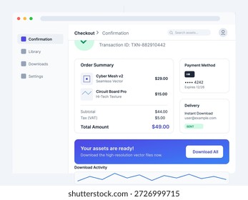 El usuario ve una pantalla de confirmación del Completar compra después de comprar productos digitales en línea. La pantalla muestra el resumen del pedido, el método de pago y las opciones de Descarga.