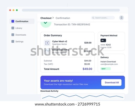 User views a checkout confirmation screen after purchasing digital products online. The screen shows order summary, payment method, and download options.