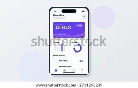 User views a mobile app showing account details. The screen displays the total balance, recent activity, and graphs. It highlights a subscription charge and a payment received.