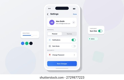 O usuário exibe uma tela de configurações em um dispositivo móvel mostrando opções para notificações, modo escuro e alteração de senha. Isso acontece em um ambiente digital focado no design da interface.