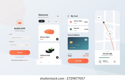 User views a sushi delivery app showing options for salmon nigiri and California roll. The total payment is displayed while a map indicates delivery time.
