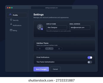 Um usuário exibe suas configurações de perfil em um site. O nome para exibição e o endereço de e-mail são mostrados. As opções para o tema da interface e a autenticação de dois fatores estão presentes.