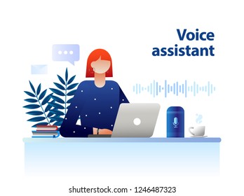 User with voice controlled smart speaker or voice assistant. Voice activated digital assistants, home automation hub, internet of things concept, violet palette. Vector isolated illustration.