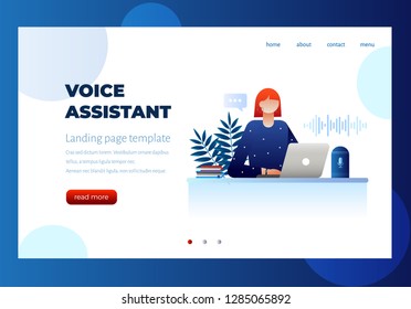 User with voice controlled smart speaker or voice assistant. Voice activated digital assistants .Can use for landing page template, ui, web, mobile app, poster, banner, flyer