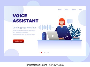 User with voice controlled smart speaker or voice assistant. Voice activated digital assistants, home automation hub, internet of things concept, violet palette. Vector illustration with character.