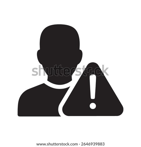 User warning icon with an alert sign for an account security problem A glyph symbol representing a profile risk attention needed or a system error notification