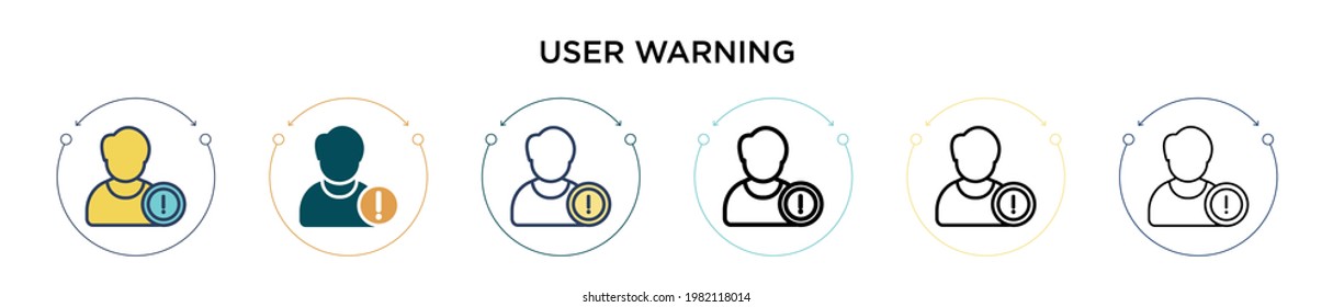 User warning icon in filled, thin line, outline and stroke style. Vector illustration of two colored and black user warning vector icons designs can be used for mobile, ui, web